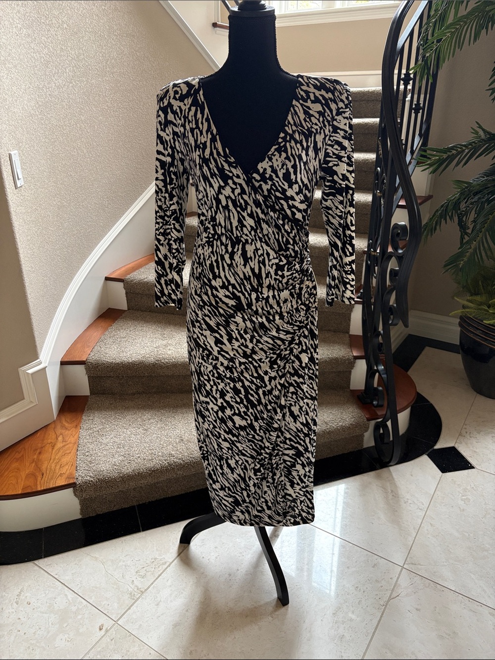 INC International Concepts Black and White Abstract Wrap-Style Midi Dress